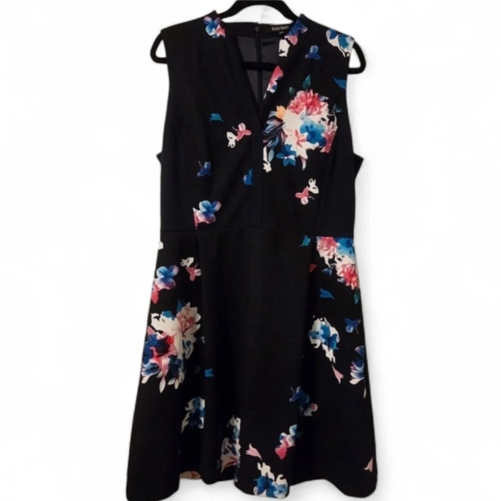 Ellen Tracy Womens Floral Black Sleeveless Fit And Flare Dress With Pockets. 14 - Picture 2 of 8